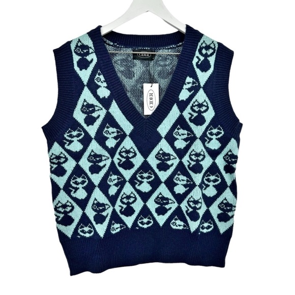Cider Blue Harlequin Cat Print Sweater Vest - Picture 2 of 5